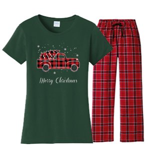 Merry Christmas Old Fashion Pick Up Truck Tree Women's Flannel Pajama Set