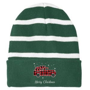 Merry Christmas Old Fashion Pick Up Truck Tree Striped Beanie with Solid Band