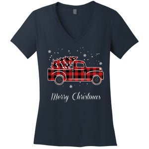 Merry Christmas Old Fashion Pick Up Truck Tree Women's V-Neck T-Shirt