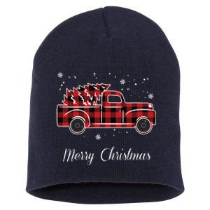 Merry Christmas Old Fashion Pick Up Truck Tree Short Acrylic Beanie