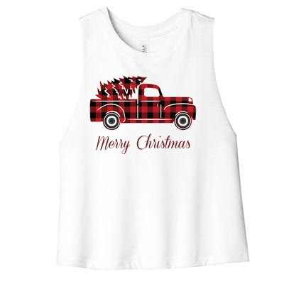 Merry Christmas Old Fashion Pick Up Truck Tree Women's Racerback Cropped Tank