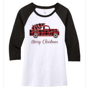 Merry Christmas Old Fashion Pick Up Truck Tree Women's Tri-Blend 3/4-Sleeve Raglan Shirt