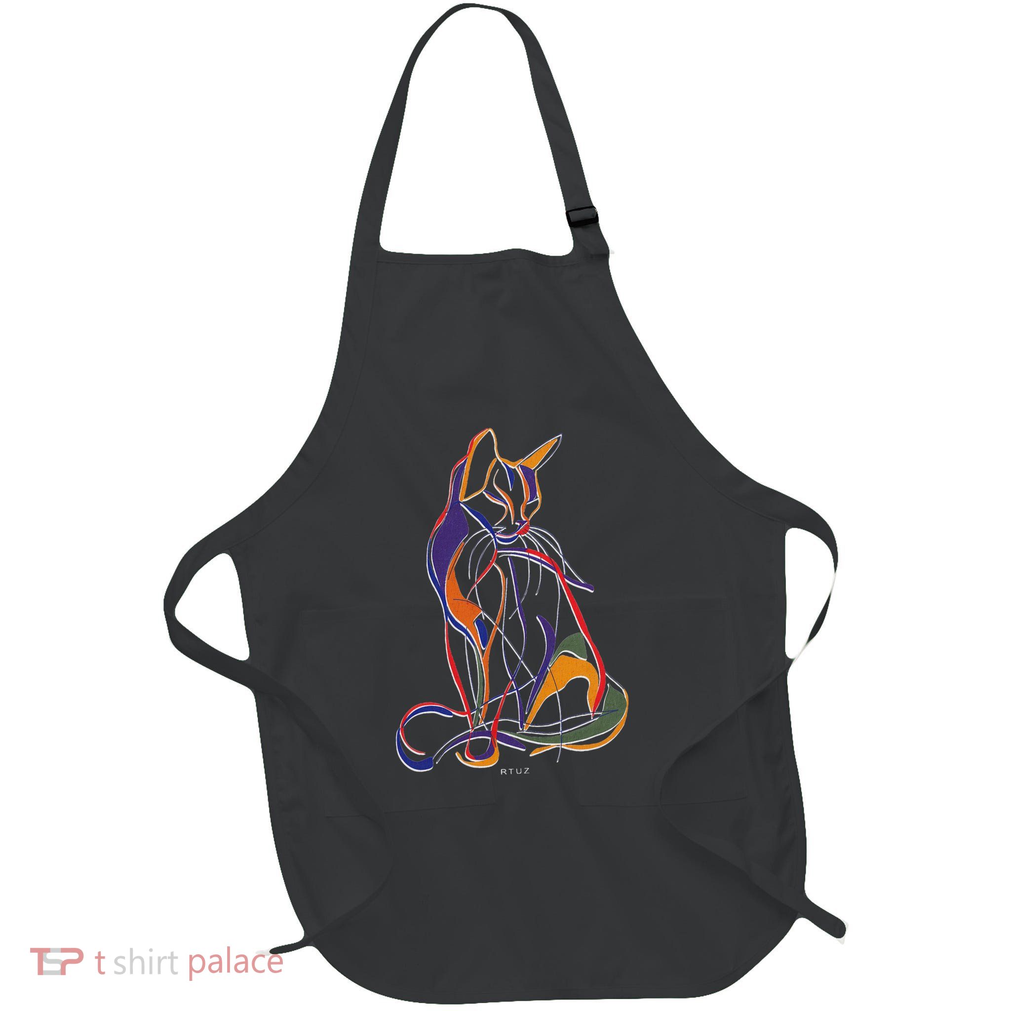 Minimalist Cat Outline Drawing One Line Minimalism Cat Full-Length Apron With Pockets