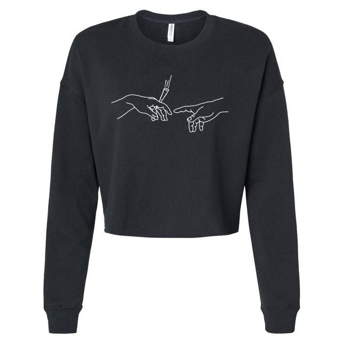 Michelangelo Creation Of Adam Hand Of God With Joint Cropped Pullover Crew