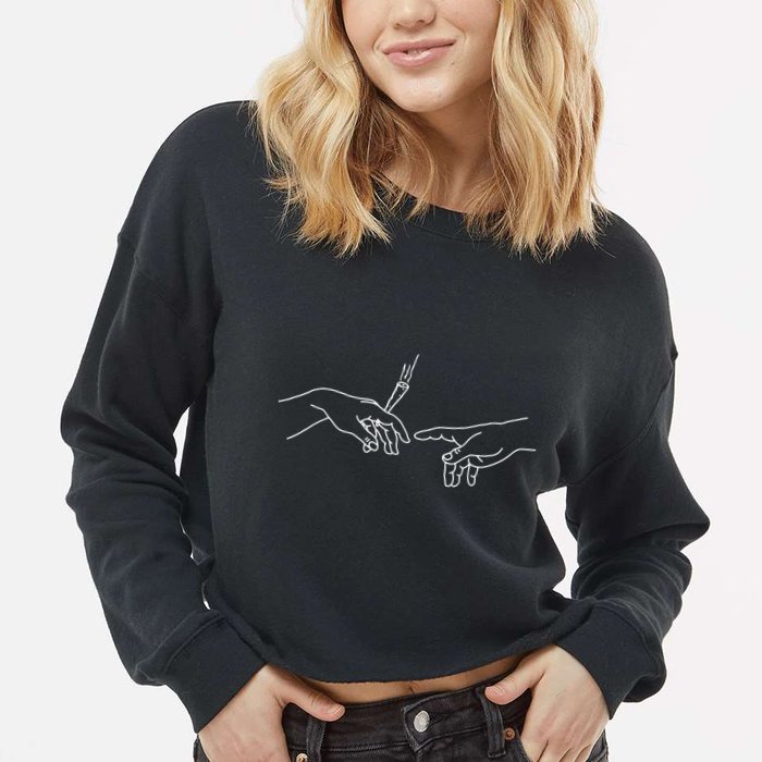 Michelangelo Creation Of Adam Hand Of God With Joint Cropped Pullover Crew