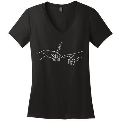 Michelangelo Creation Of Adam Hand Of God With Joint Women's V-Neck T-Shirt
