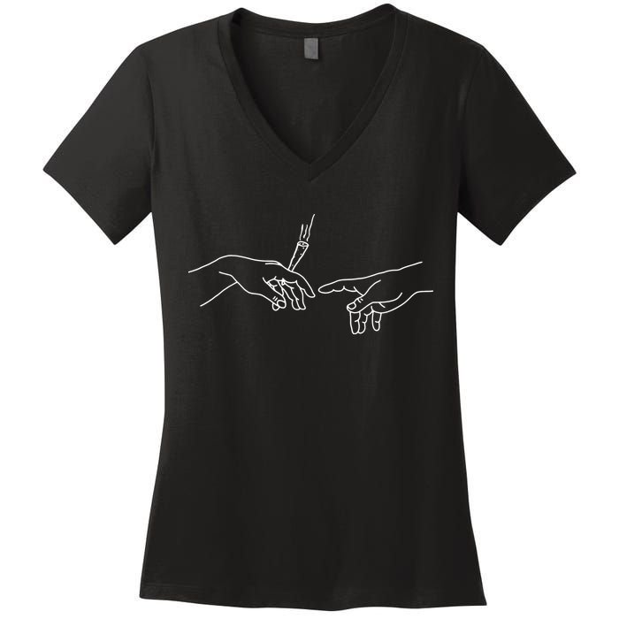 Michelangelo Creation Of Adam Hand Of God With Joint Women's V-Neck T-Shirt