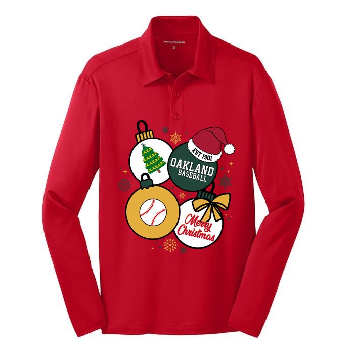 Merry Christmas Oakland Baseball Est 1901 Silk Touch Performance Long Sleeve Polo