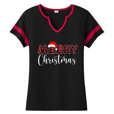 Merry Christmas Plaid Santa Holiday Ladies Halftime Notch Neck Tee