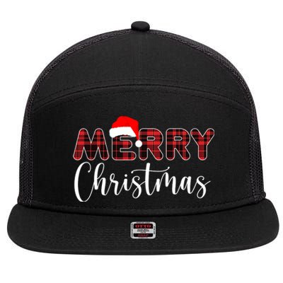 Merry Christmas Plaid Santa Holiday 7 Panel Mesh Trucker Snapback Hat