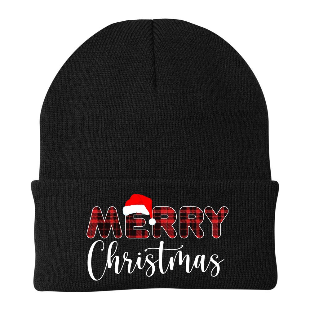 Merry Christmas Plaid Santa Holiday Beanie