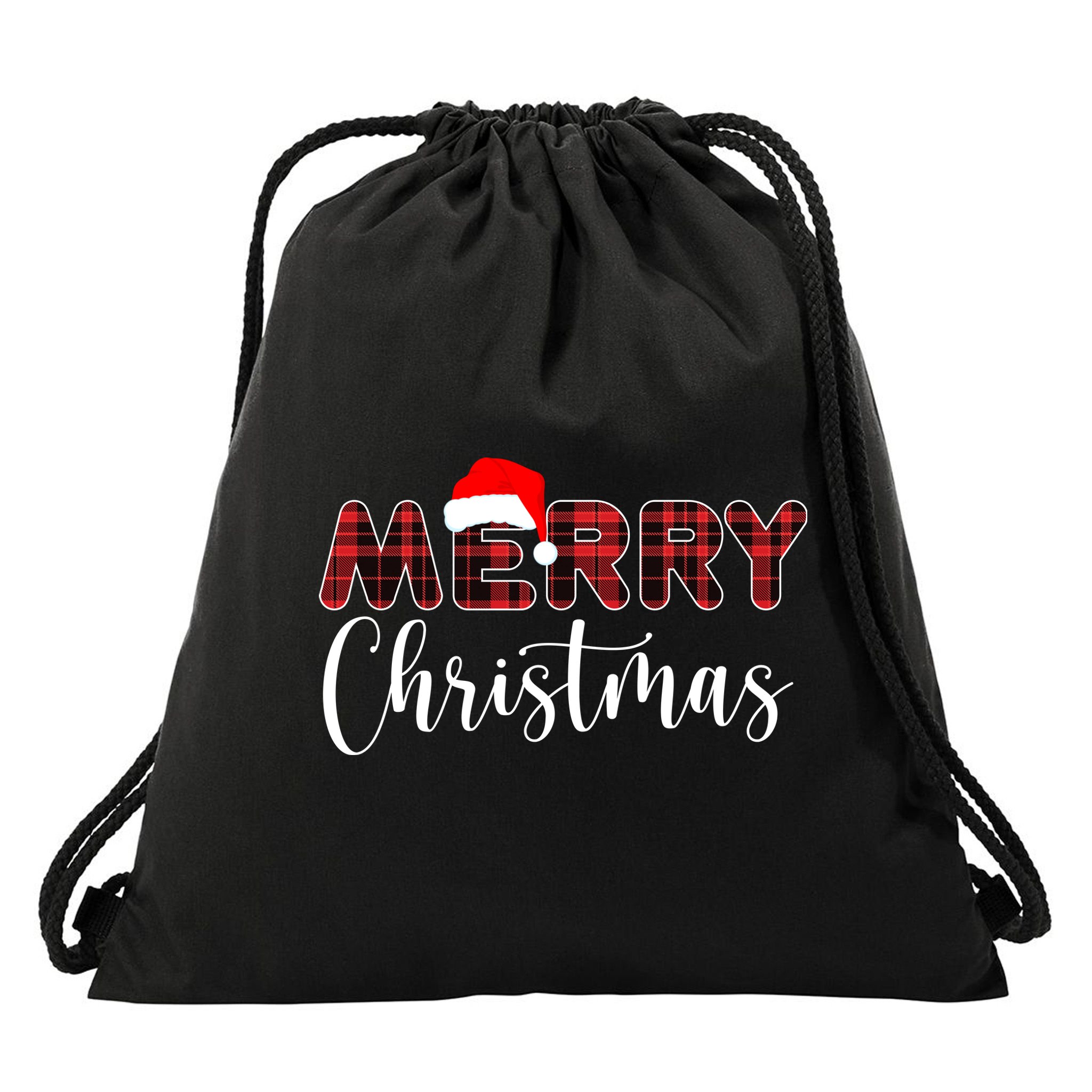 Merry Christmas Plaid Santa Holiday Drawstring Bag