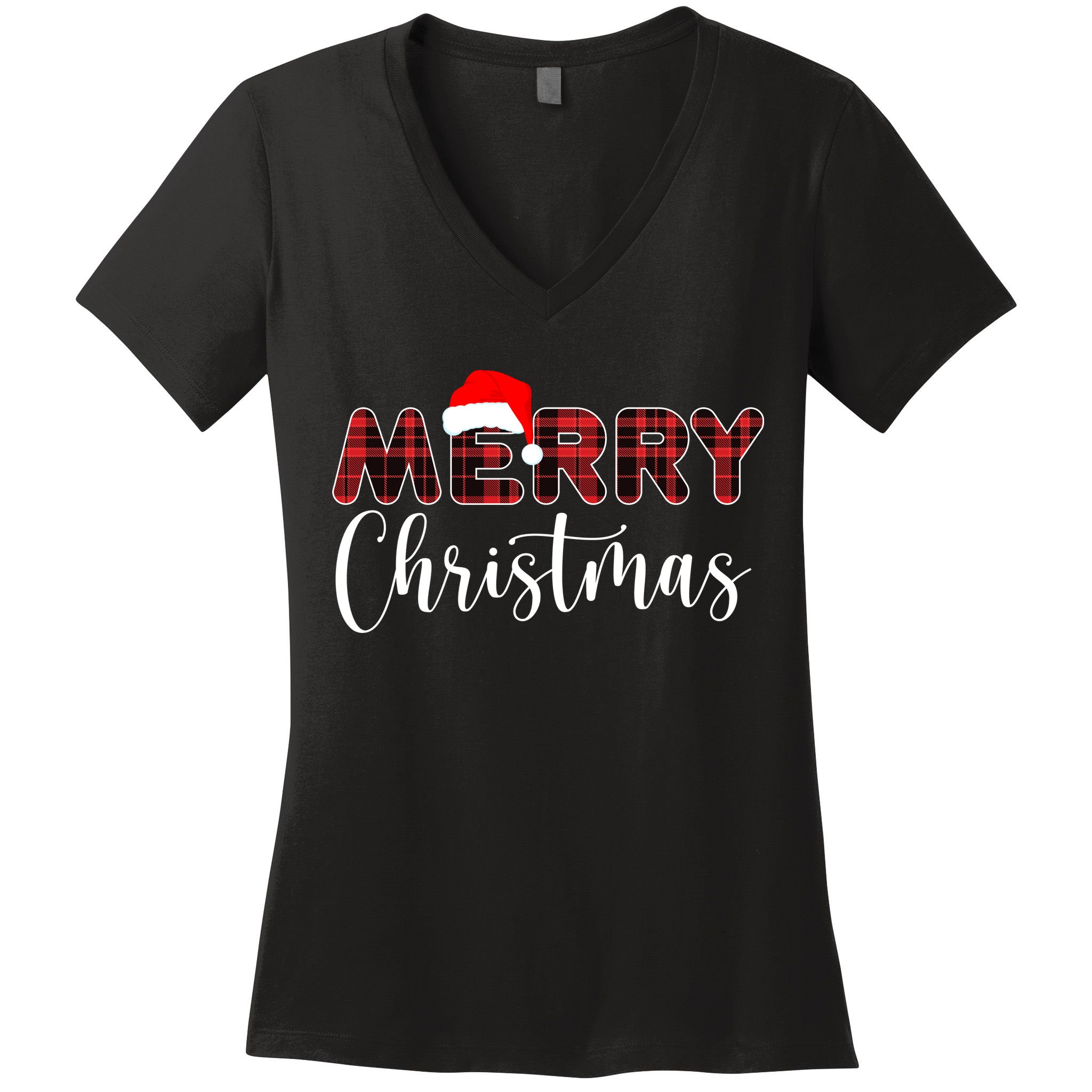 Merry Christmas Plaid Santa Holiday Women's V-Neck T-Shirt