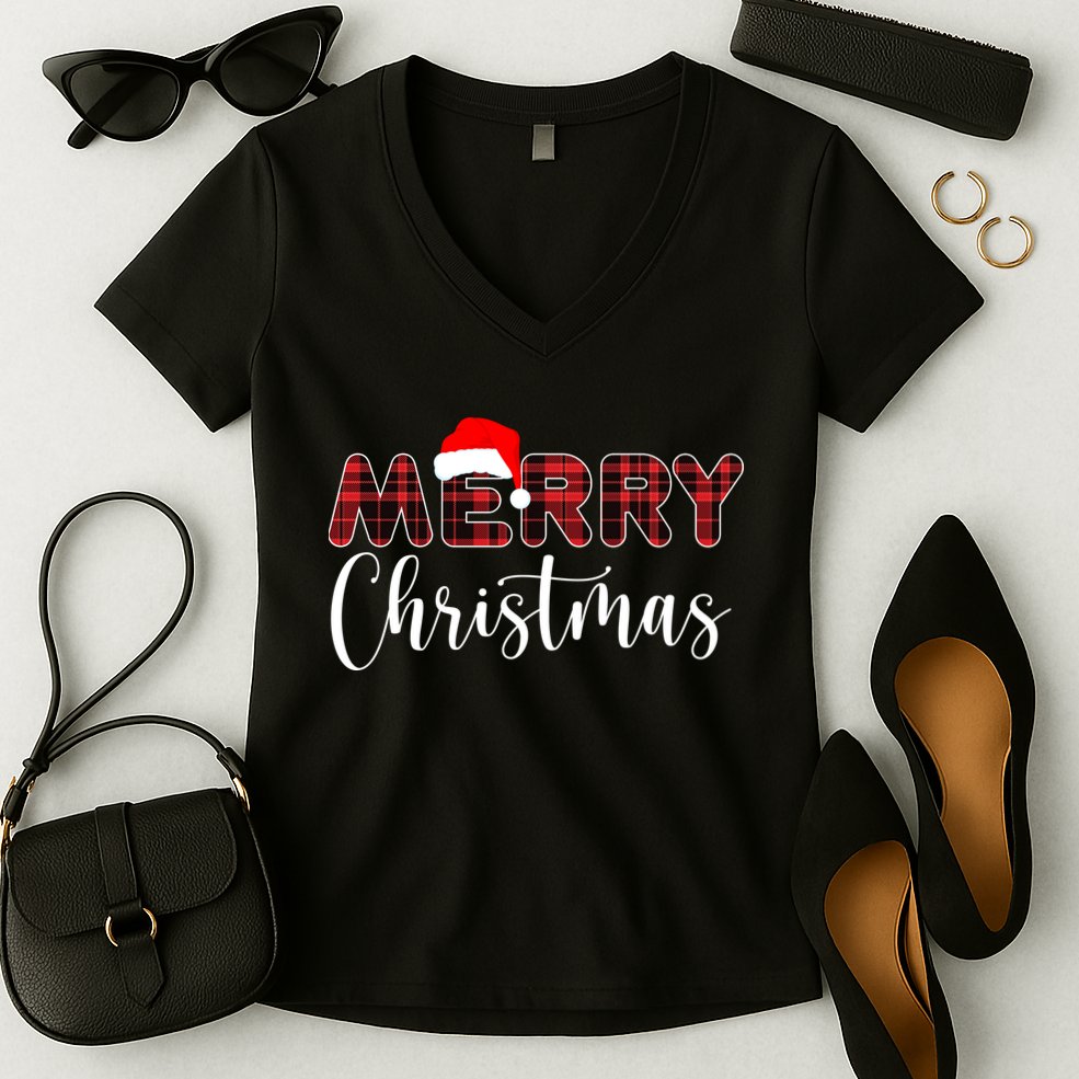 Merry Christmas Plaid Santa Holiday Women's V-Neck T-Shirt