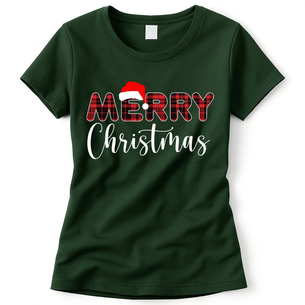 Merry Christmas Plaid Santa Holiday Womens T-Shirt