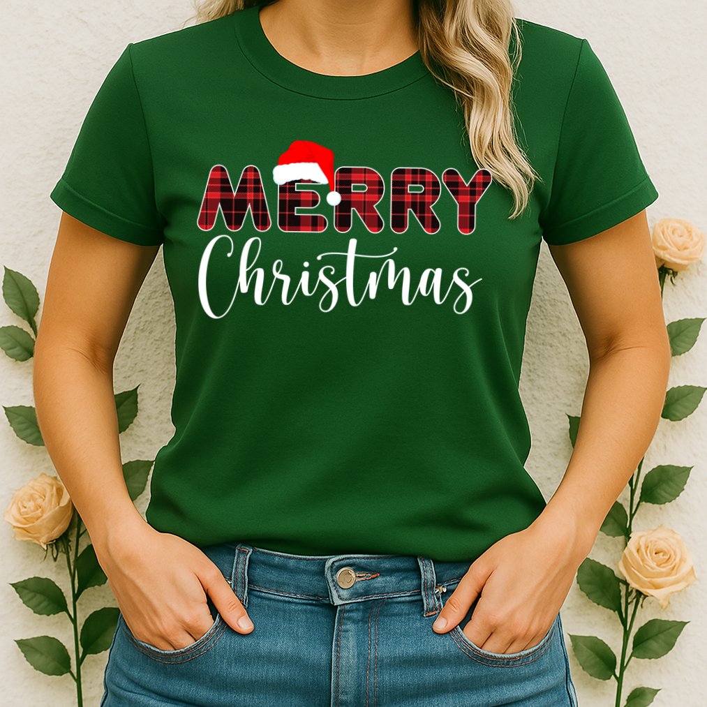 Merry Christmas Plaid Santa Holiday Womens T-Shirt