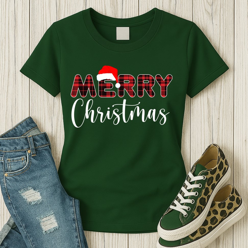 Merry Christmas Plaid Santa Holiday Womens T-Shirt