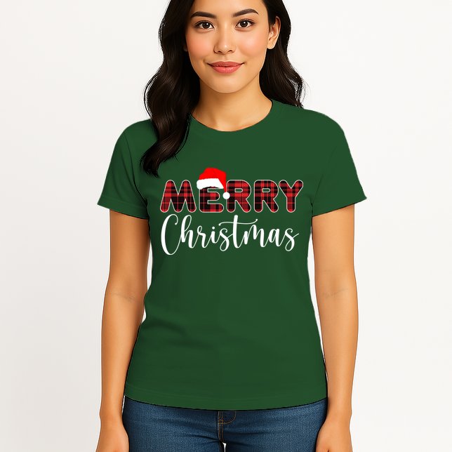 Merry Christmas Plaid Santa Holiday Womens T-Shirt