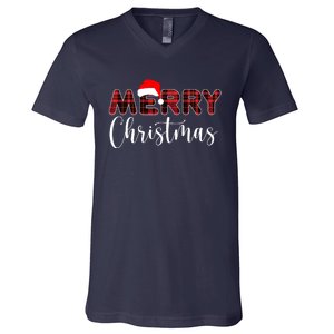 Merry Christmas Plaid Santa Holiday V-Neck T-Shirt