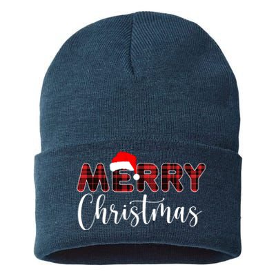 Merry Christmas Plaid Santa Holiday Sustainable Knit Beanie