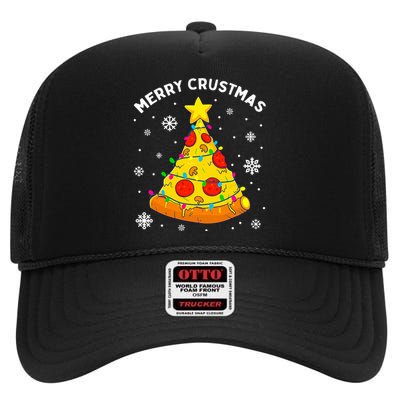 Merry Crustmas Pizza Christmas Tree Light Xmas High Crown Mesh Back Trucker Hat