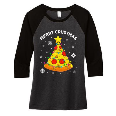 Merry Crustmas Pizza Christmas Tree Light Xmas Women's Tri-Blend 3/4-Sleeve Raglan Shirt