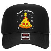 Merry Crustmas Pizza Christmas Tree Light Xmas High Crown Mesh Back Trucker Hat