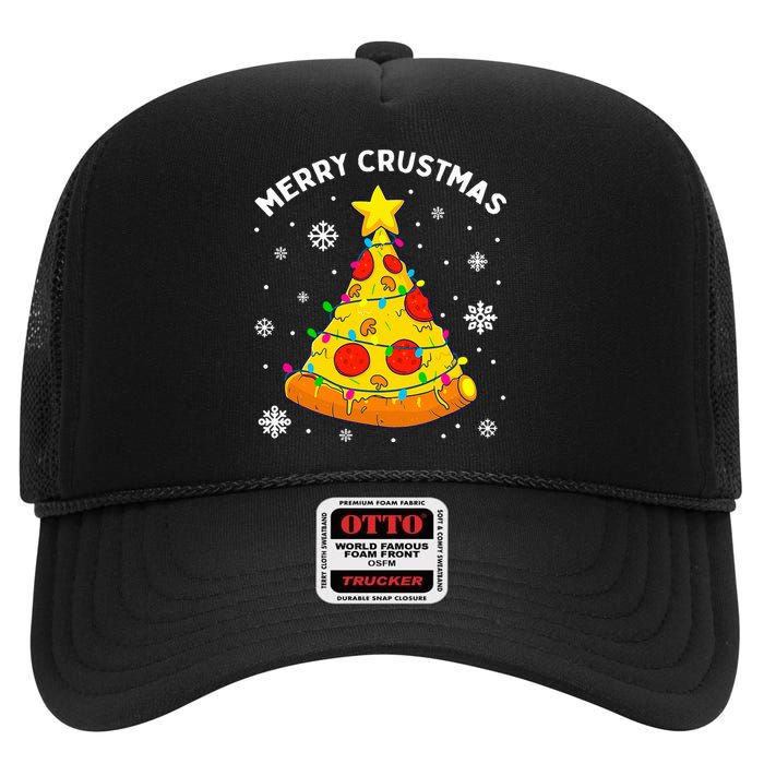 Merry Crustmas Pizza Christmas Tree Light Xmas High Crown Mesh Back Trucker Hat