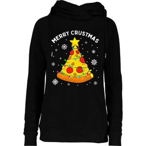 Merry Crustmas Pizza Christmas Tree Light Xmas Womens Funnel Neck Pullover Hood