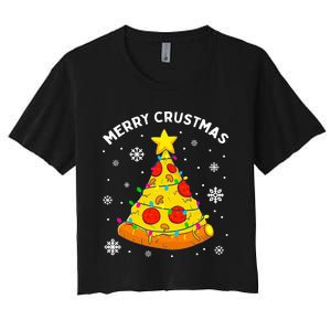 Merry Crustmas Pizza Christmas Tree Light Xmas Women's Crop Top Tee