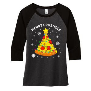 Merry Crustmas Pizza Christmas Tree Light Xmas Women's Tri-Blend 3/4-Sleeve Raglan Shirt