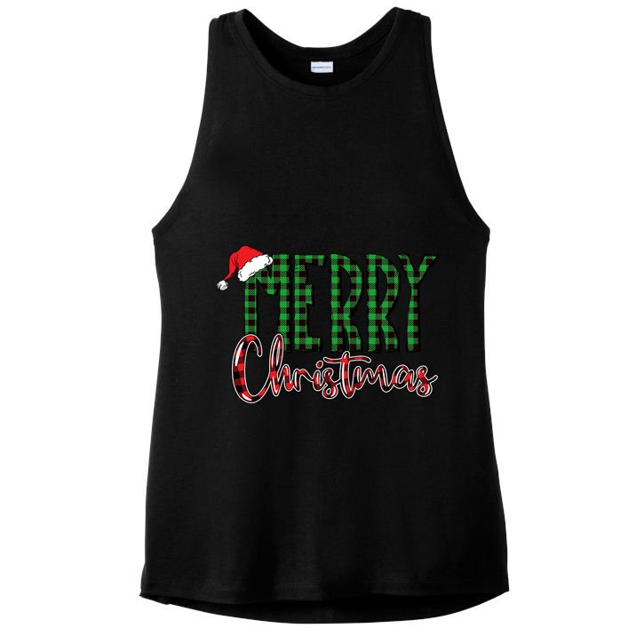 Merry Christmas Plaid Holiday Festive Ladies PosiCharge Tri-Blend Wicking Tank