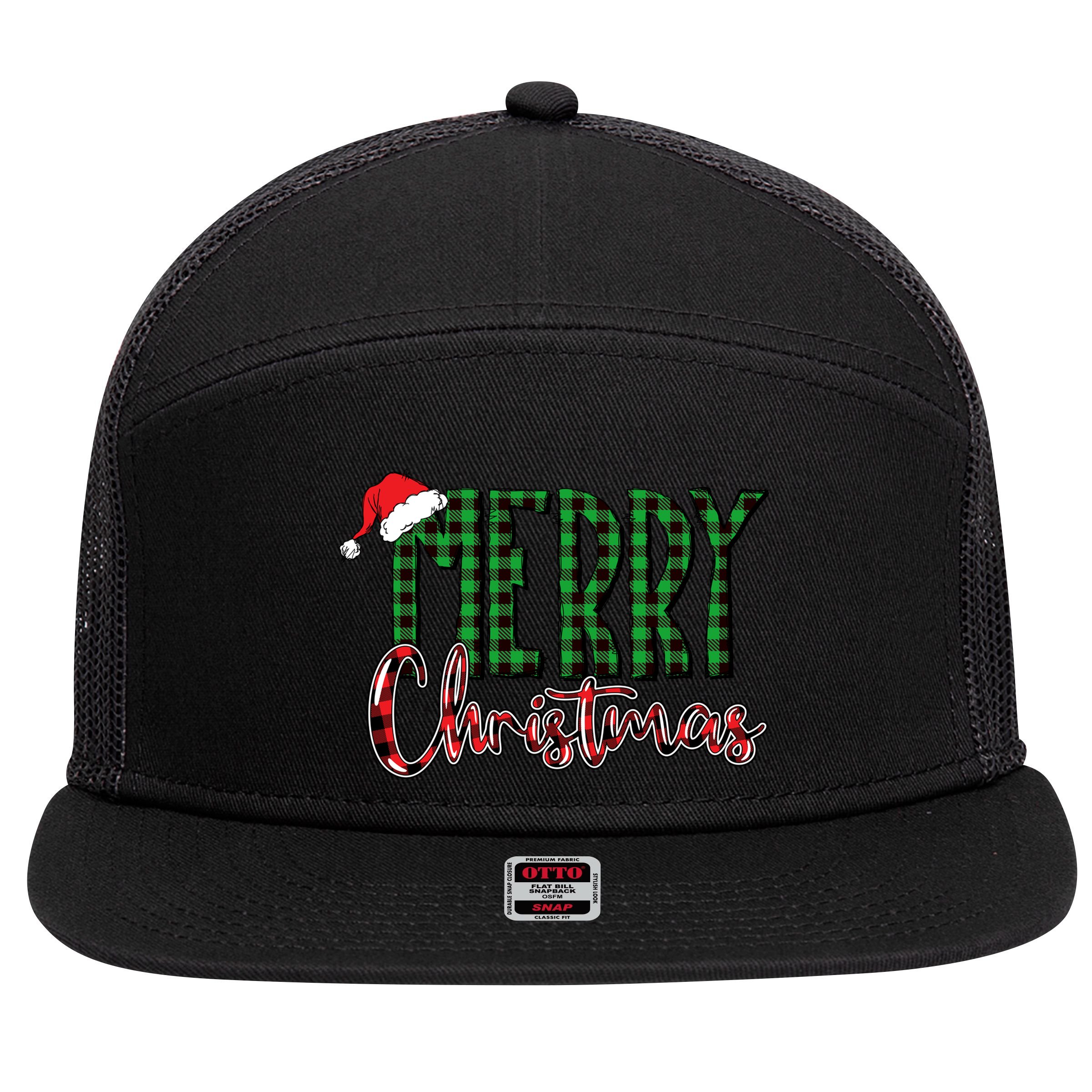 Merry Christmas Plaid Holiday Festive 7 Panel Mesh Trucker Snapback Hat