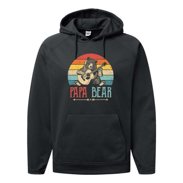 Mens Cute Papa Bear Vintage Father's Day Retro Dad Guitar Performance Fleece Hoodie