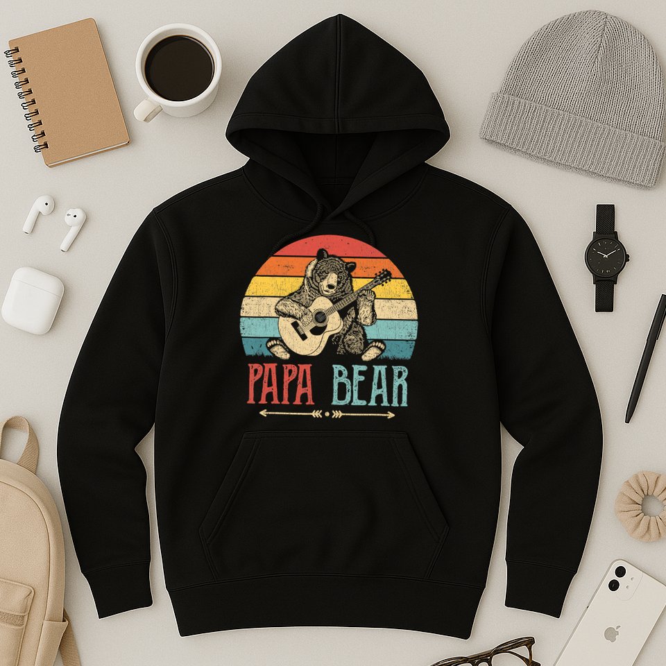 Mens Cute Papa Bear Vintage Father's Day Retro Dad Guitar Hoodie