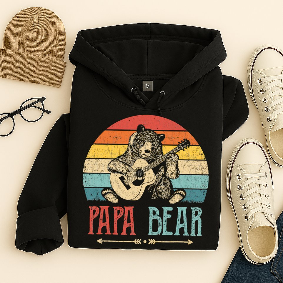 Mens Cute Papa Bear Vintage Father's Day Retro Dad Guitar Hoodie