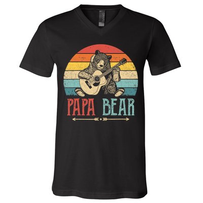 Mens Cute Papa Bear Vintage Father's Day Retro Dad Guitar V-Neck T-Shirt