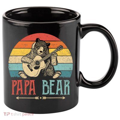 Mens Cute Papa Bear Vintage Father's Day Retro Dad Guitar 11oz C Handle Ceramic Mug