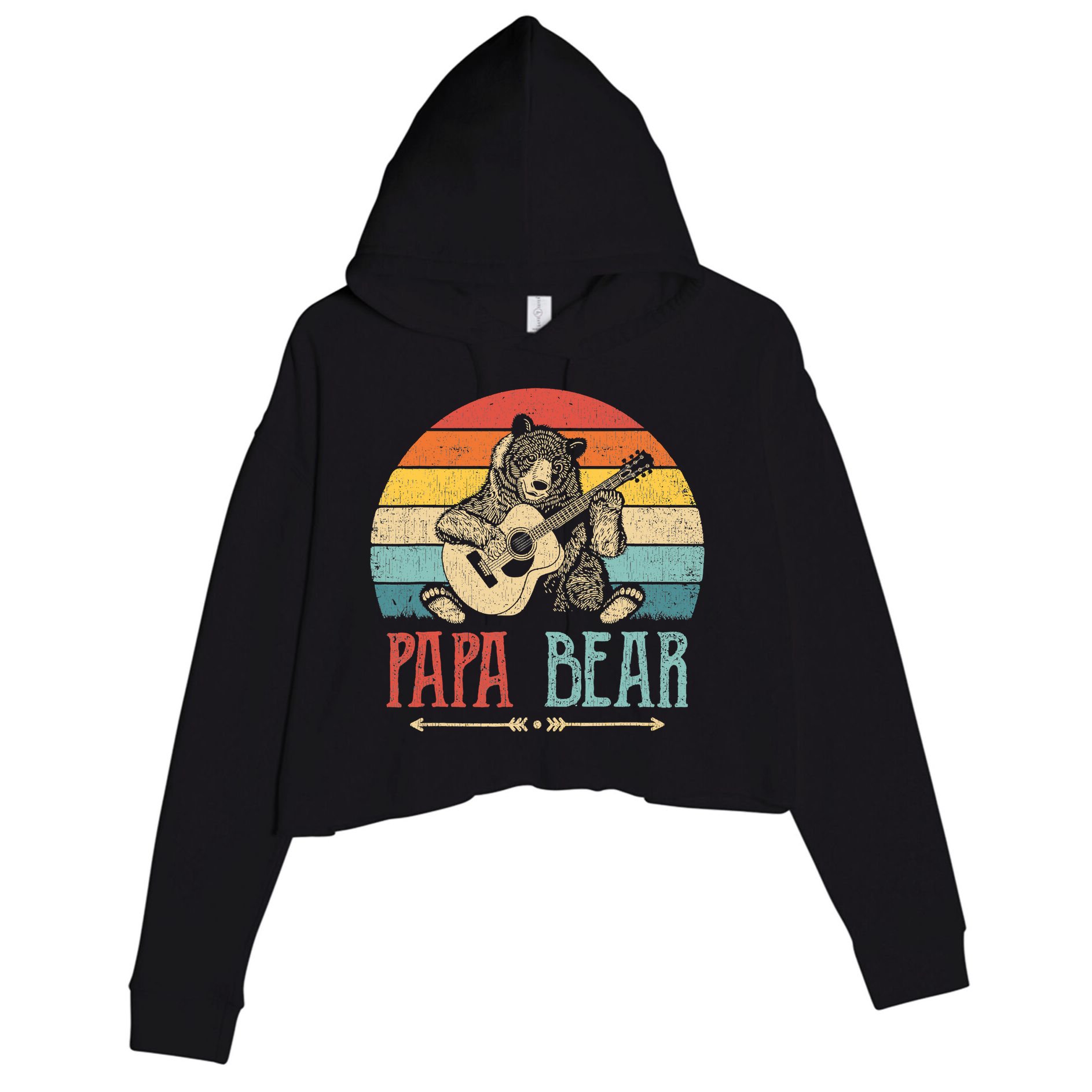 Mens Cute Papa Bear Vintage Father's Day Retro Dad Guitar Crop Fleece Hoodie