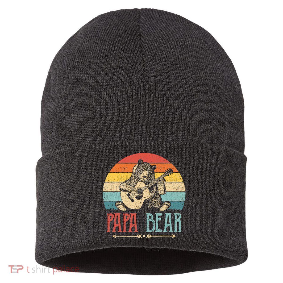 Mens Cute Papa Bear Vintage Father's Day Retro Dad Guitar Sustainable Knit Beanie