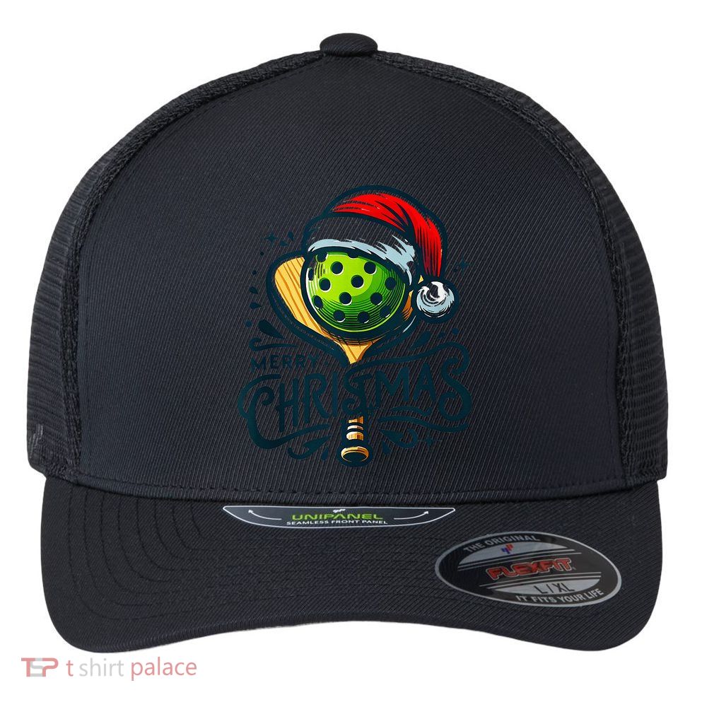 Merry Christmas Pickleball Pickle Ball and Paddle Santa Hat Flexfit Unipanel Trucker Cap