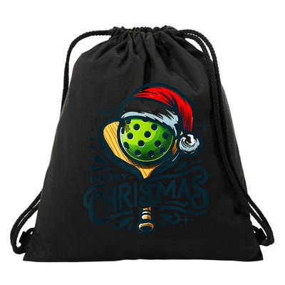Merry Christmas Pickleball Pickle Ball and Paddle Santa Hat Drawstring Bag