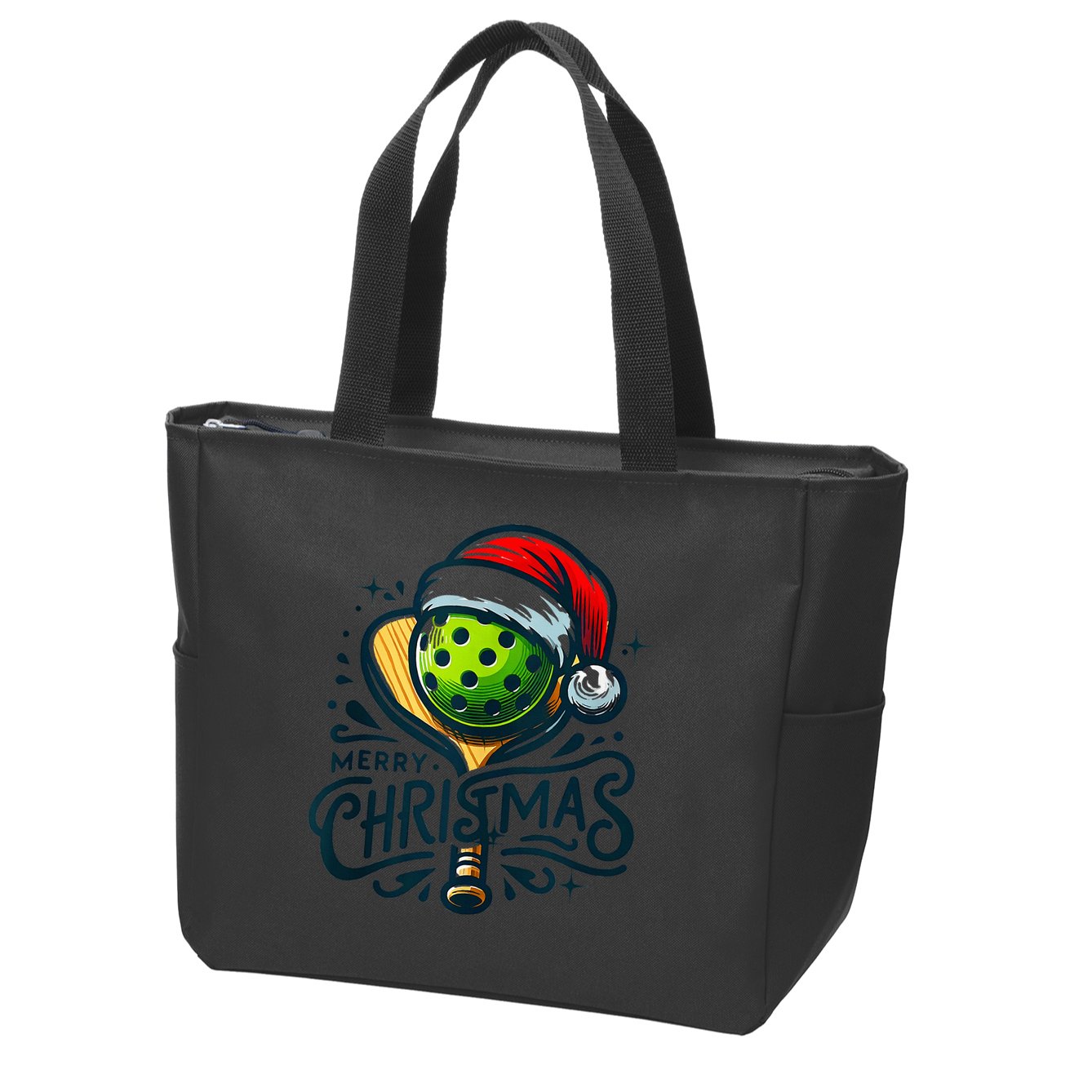 Merry Christmas Pickleball Pickle Ball and Paddle Santa Hat Zip Tote Bag