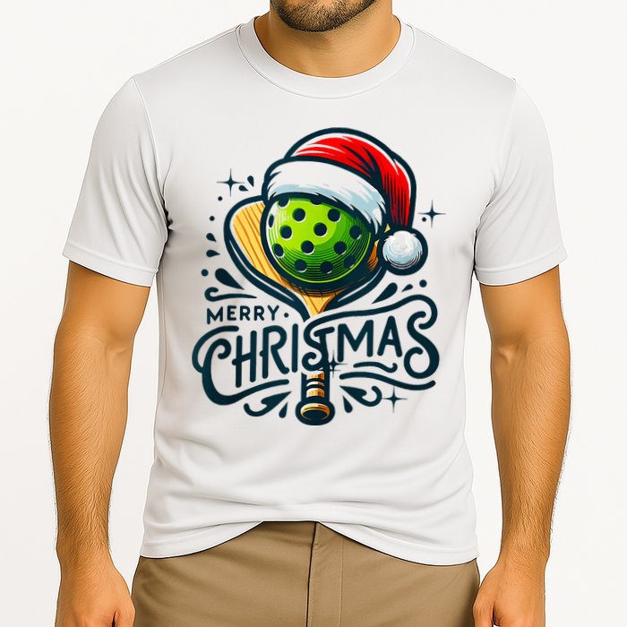 Merry Christmas Pickleball Pickle Ball and Paddle Santa Hat Cooling Performance Crew T-Shirt