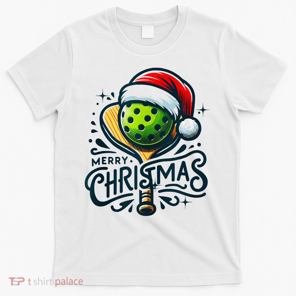 Merry Christmas Pickleball Pickle Ball and Paddle Santa Hat T-Shirt