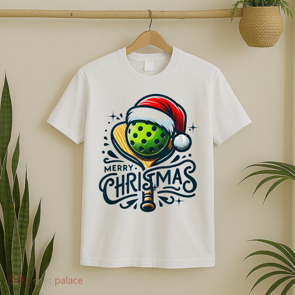 Merry Christmas Pickleball Pickle Ball and Paddle Santa Hat T-Shirt