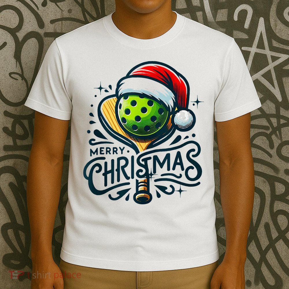 Merry Christmas Pickleball Pickle Ball and Paddle Santa Hat T-Shirt