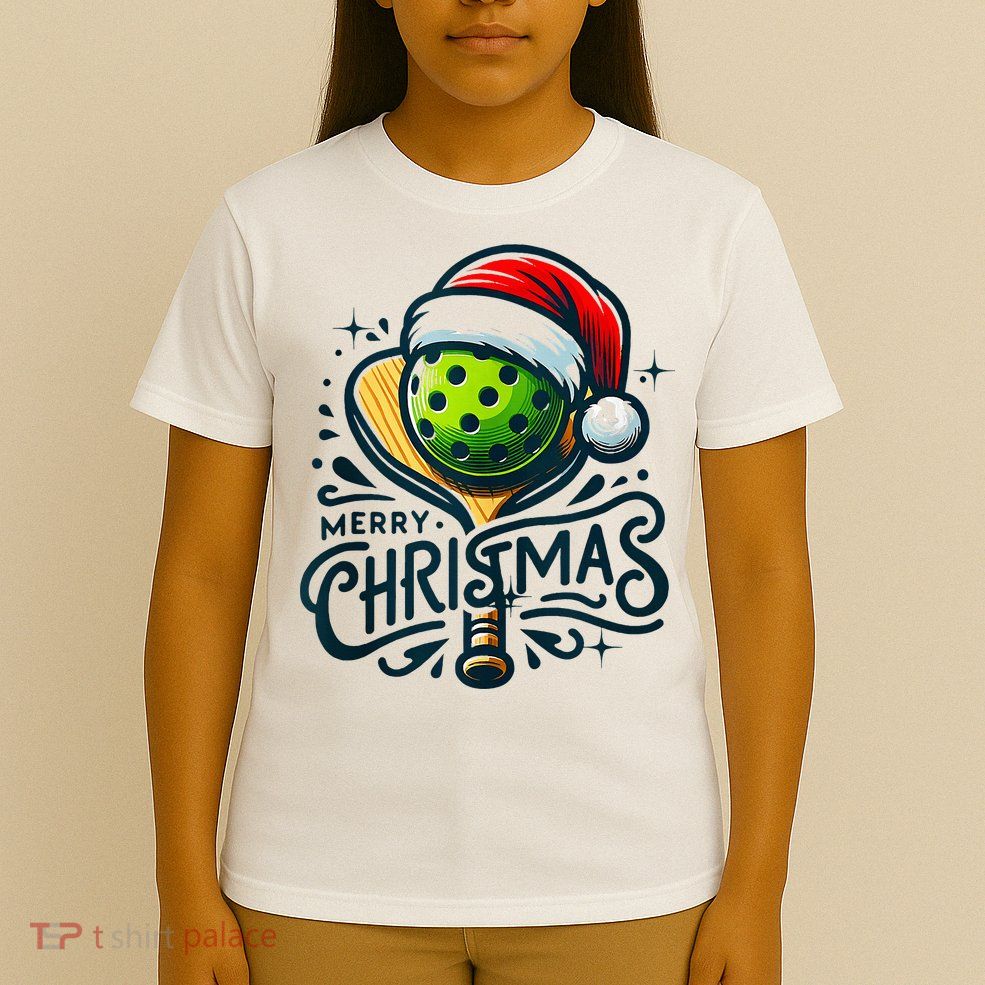 Merry Christmas Pickleball Pickle Ball and Paddle Santa Hat T-Shirt