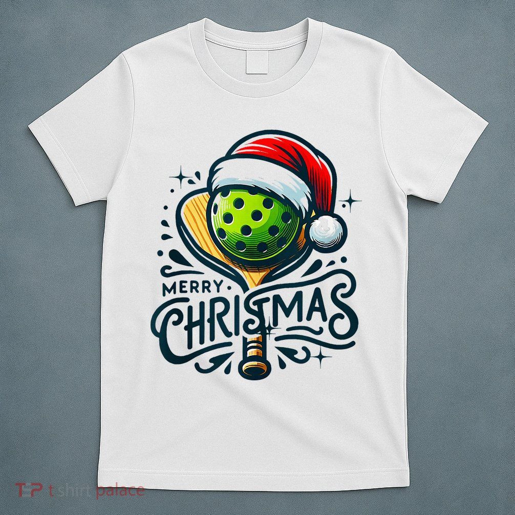 Merry Christmas Pickleball Pickle Ball and Paddle Santa Hat T-Shirt