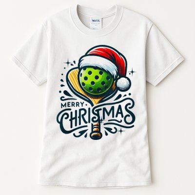 Merry Christmas Pickleball Pickle Ball and Paddle Santa Hat Tall T-Shirt